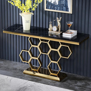 59" Contemporary Rectangular Black Marble Console Table Narrow Entryway Table